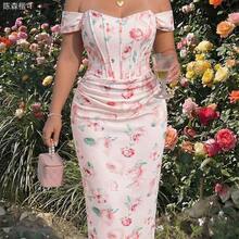 jianchaimaoyi02  MOD Vestido ajustado con estampado floral rosa fuera del hombro para mujer de talla grande, vestido de corset, vestido formal floral, - Multicolor - Ver 10