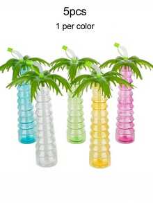 1/3/5pcs Tropical Palm Tree Plastic Water Bottle With Straw And Lid, 17oz Oval, Hand Wash, Perfect For Martini Cocktails, Cold Drinks, Iced Drinks And Hawaiian Party Supplies, 5 Colors - A - View 13