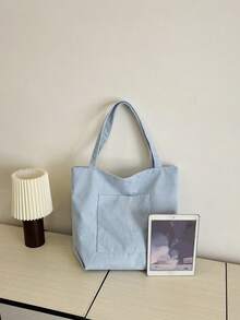 Solid Color Men's Casual Tote Bag, Striped Large Capacity Canvas Shoulder Bag,Y2k - Dusty Blue - View 6