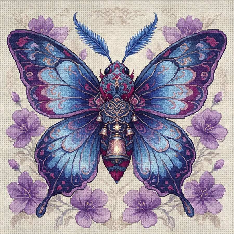 Vintage Blue Purple Butterfly Cross Stitch Kit, Steampunk Style Floral, Includes Tools, Thread And Fabric, Beginner-Friendly Complete Set For Home Decor Painting