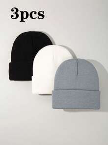 3pcs/1pc Set Men's Minimalist Solid Color Fashion Winter Unisex Thickened Warm Winter Hat Halloween Knit Hat Autumn Set - Black - View 8