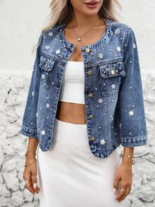 Women's Round Neck Studded Casual Denim Jacket - Blue - View 2