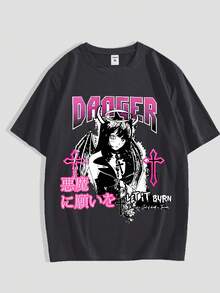 Camiseta de manga corta para hombre con estampado de anime y manga Y2K - Camiseta casual de cuello redondo adecuada para primavera, base de color liso con estiloónico de manga, atuendo ca - Negro - Ver 9