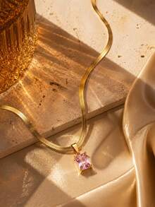 Rectangle Rhinestone Pendant Herringbone Chain Necklace For Women Waterproof Stainless Steel 18K Gold PVD Plated Anti-Tarnish Fashion Jewelry - Green - View 7