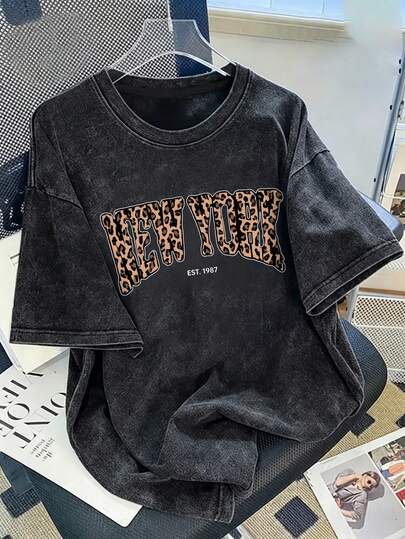 1枚 ガールズ オーバーサイズ サマー ヴィンテージ アメリカン スタイル ヒョウ柄 レタープリント 半袖Tシャツ、カジュアル ストリートウェア ルーズ ティー ビッグキッズ用、ファッショナブル&多用途 デイリー、スクール、アウトドアウェア