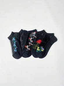 1/5 Pairs Random Women's Short Socks, Black Sheer Crystal Flower Embroidery Mesh Socks, Fashion Breathable Sweat-Absorbent Thin Socks For Spring And Summer, Best For Daily Wear - Multicolor - View 5