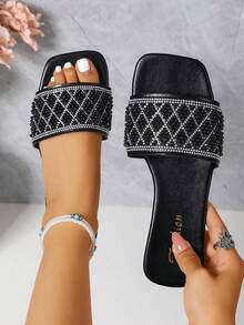 1 Pair Flat Slide Sandals / Solid Color Flat Design Shiny Upper Exquisite Design Rhinestone Decor Easy To Put On And Take Off Easy To Clean Elegant Sophisticated Fashion Versatile Suitable For Daily Wear Shopping Dating Vacation Travel Must-Have Slide Sandals - Black - View 4