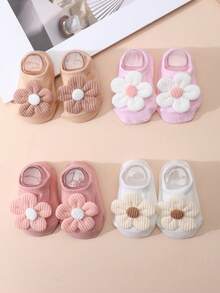 4 Pairs Baby Girl Flower Decor Short Socks, Solid Color Non-Slip Bottom Boat Socks, Suitable For All Seasons - Multicolor - View 12