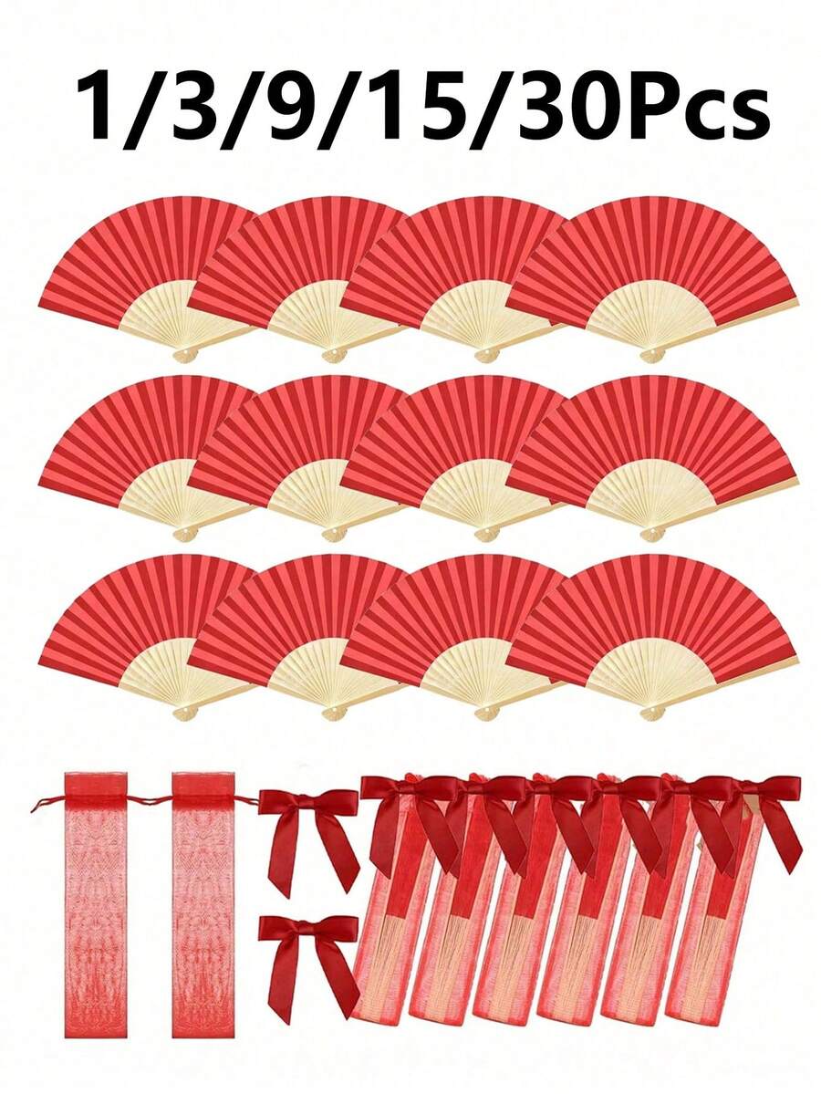 1/3/9/15/30 Peças Conjunto de Bolsa de Presente com Leque Dobrável Vermelho e Cartão de Agradecimento, Cartão de Agradecimento, Leque Dobrável de Bambu para Noiva, Decoração de Festa de Solteira e Casamento, Leque Dobrável de Bambu para Dama de Honra, Acessório para Fotos de Festa de Solteira, Presente para Dama de Honra e Decoração de Casamento, Presente de Casamento Perfeito, Decoração de Casamento, Perfeito para Festas e Eventos, Acessório de Verão Perfeito, Leque Dobrável Feminino - Vermelho - Visão 1