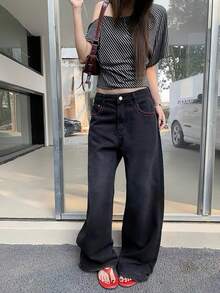 休閒短袖T恤 新款夏季條紋設計不對稱肩女款上衣 黑色 - 黑色 - 查看 8