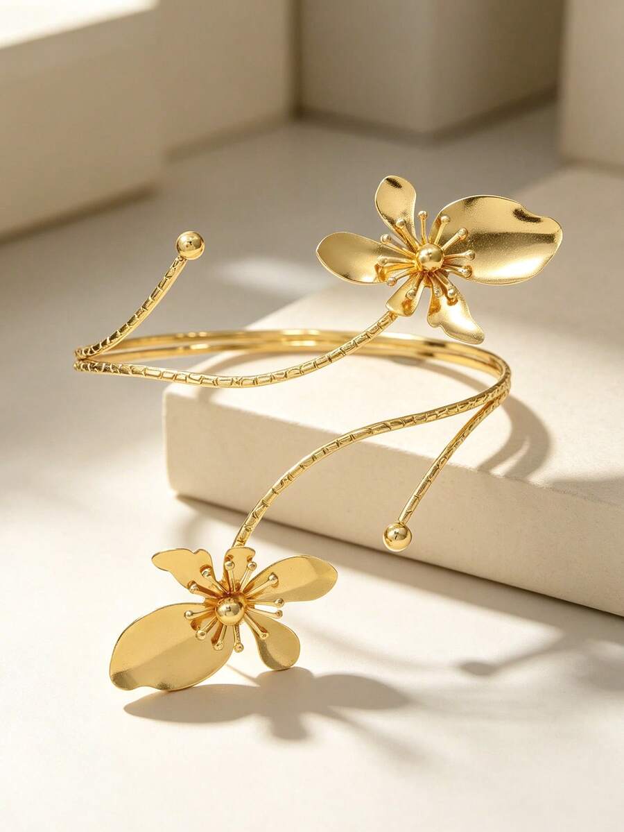 1pc Fashion Geometric Line Floral 3D Adjustable Bangle, Daily Decoration, Essential Gift - Gold - View 1