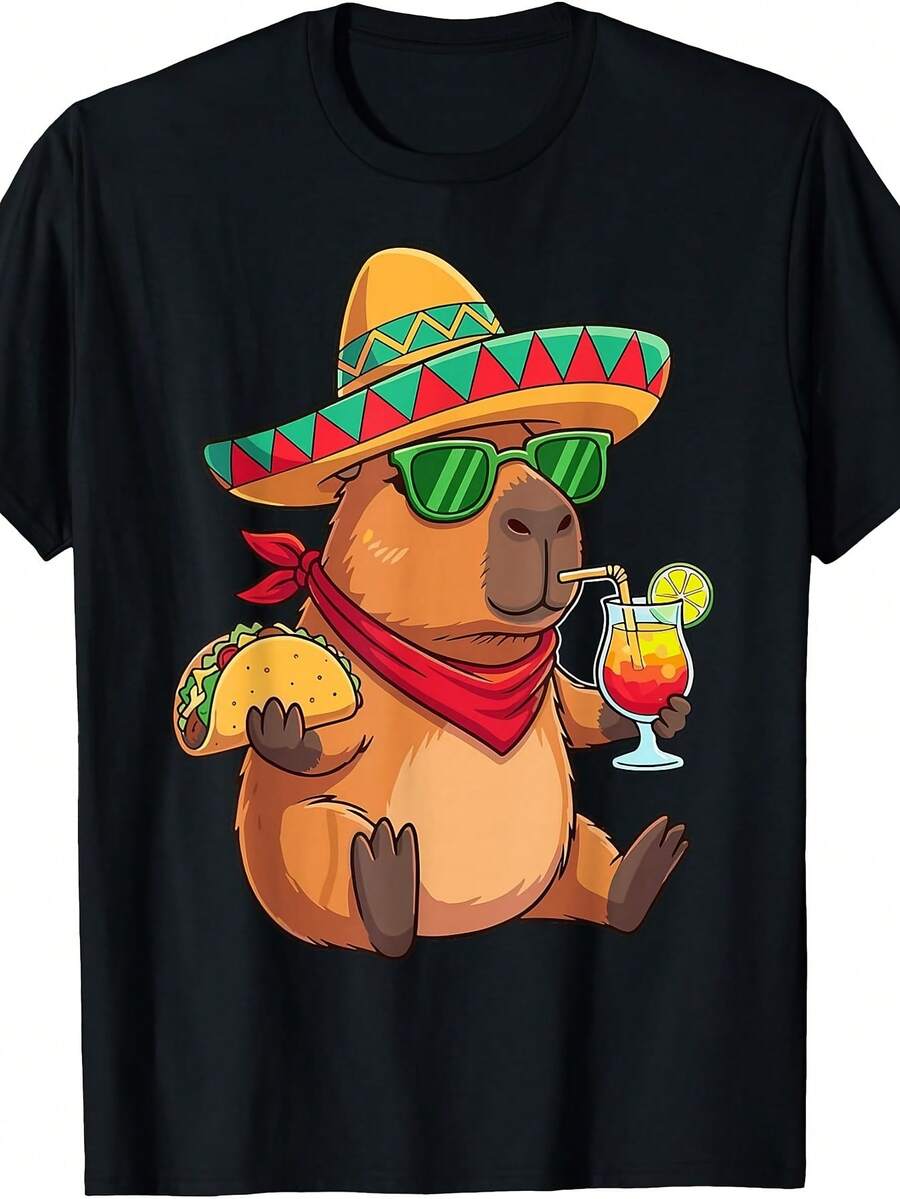 Camiseta de Carnaval Mexicano con Gorro de Capibara | Estilo vintage, cuello redondo, tela ligeramente elástica, corte regular, adecuado para adultos, apto para todas las estaciones. - Negro - Ver 1