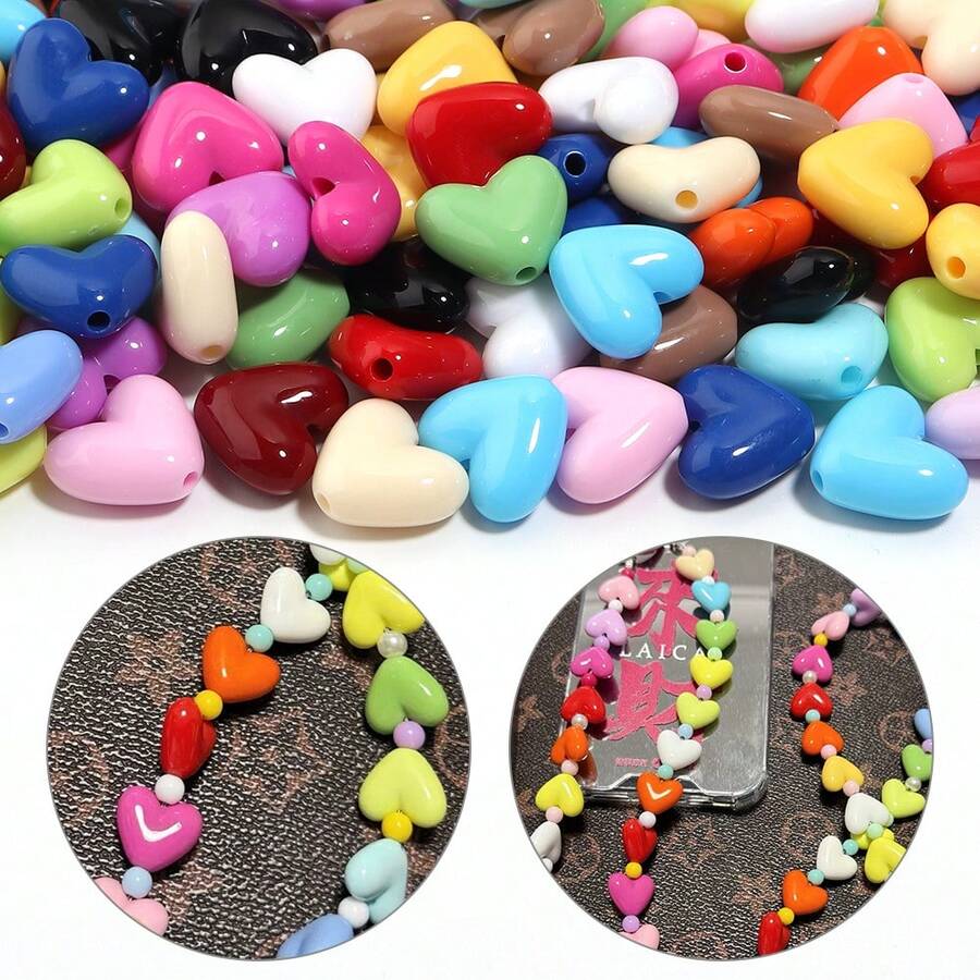 50pcs 3D Acrylic Candy Color Heart Beads, Shiny Colorful Heart-Shaped Beads For DIY Jewelry Making, Necklace, Earrings, Bracelet, Keychain Decorative Accessories