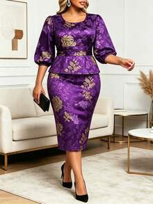 Conjunto de 2 piezas con estampado elegante para mujer talla grande, top de manga farol, ropa de verano para vacaciones - Morado - Ver 4