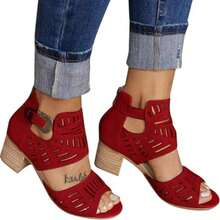 Women's Peep Open Toe Perforated Slingback Chunky Heel Sandals Booties Shoes - 紅色 - 查看 2