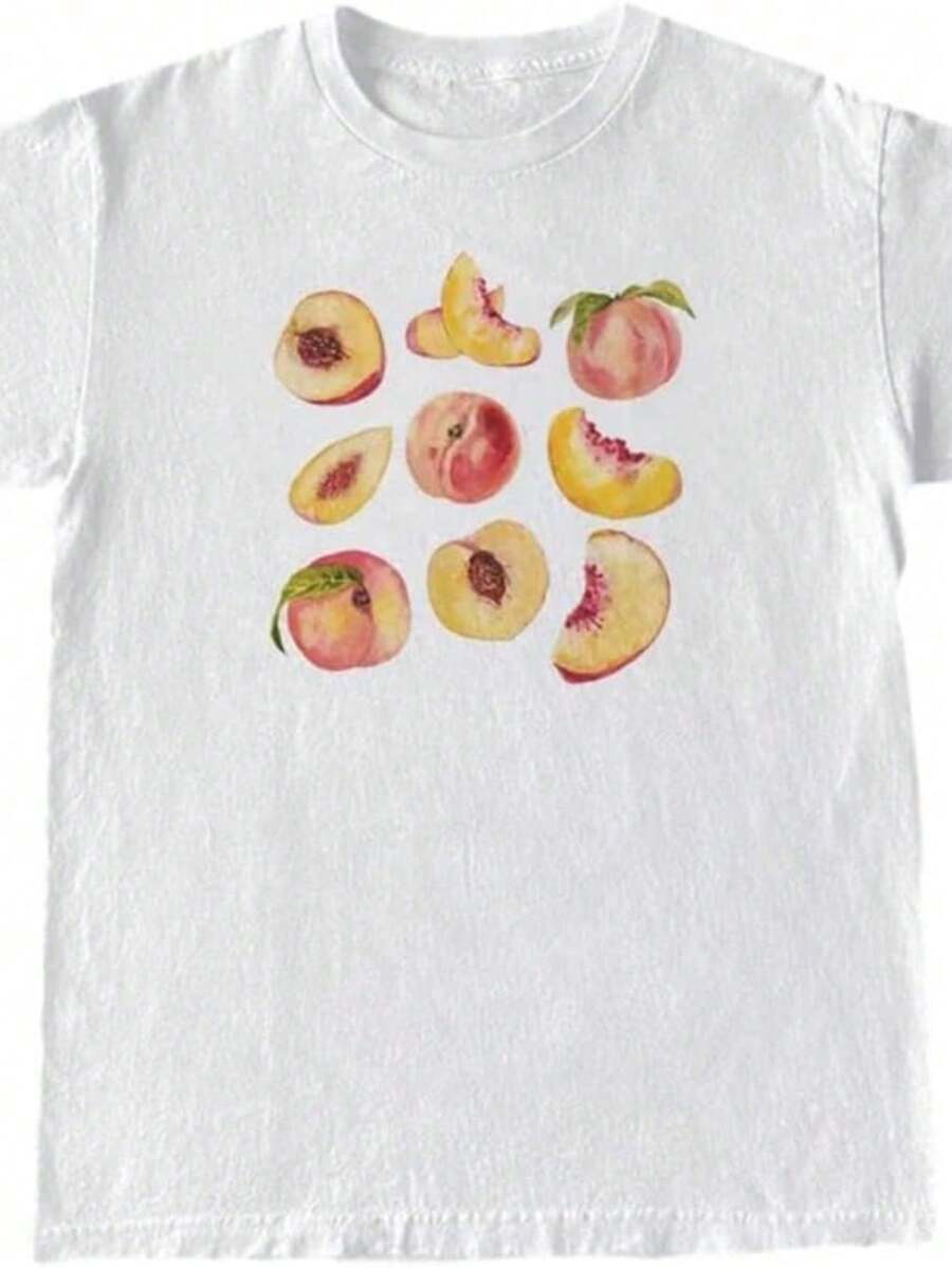 1 Piece Of Vintage Peach Print T-Shirt, Women's Summer T-Shirt, Cute, Short Sleeve, Fruit T-Shirt, Aesthetic Tops, 180g, 100% Cotton. - 白色 6 - 查看 1