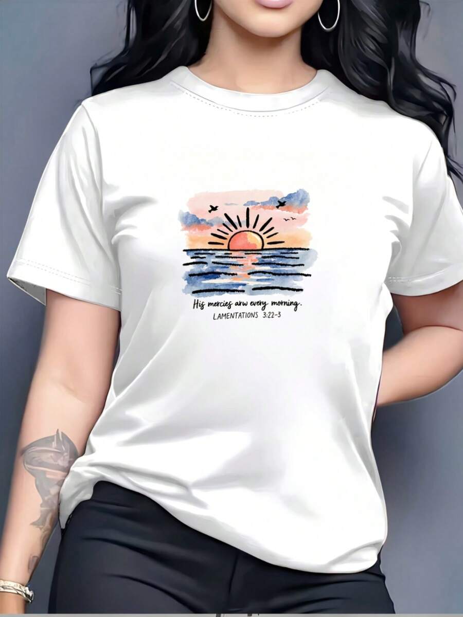 Women's 180g T-Shirt With Bible Verse Print "His Mercy Is New Every Morning" Lamentations 3:22-23 - Casual Short Sleeve Crew Neck T-Shirt Suitable For Church - 黑 - 查看 1