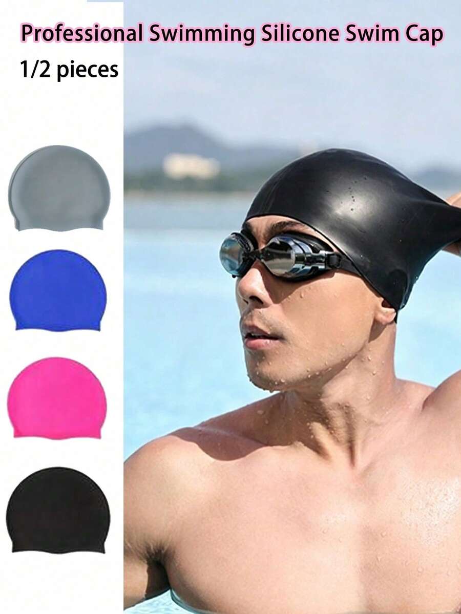 男女通用纯色硅胶泳帽 - (蓝色、黑色、灰色、紫红色、白色)防水、防滑、高弹护耳,耐用且柔韧的材质,适合游泳池或海滩水上运动 | 时尚舒适的泳帽 - 彩色 - 查看 1