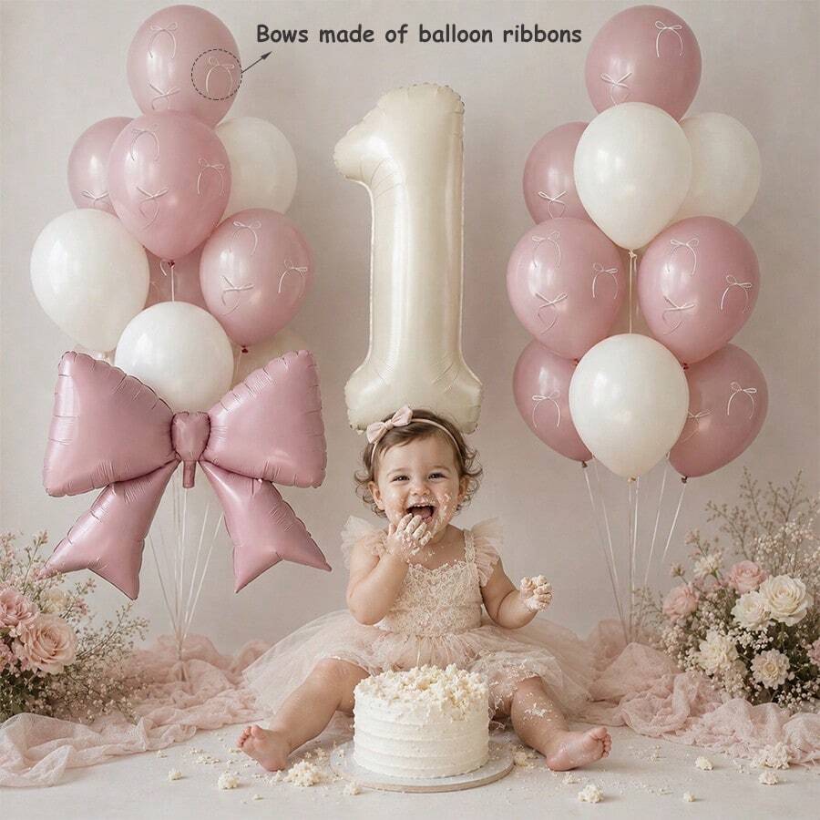 1 Set Blush Pink Balloon With Large Bow Foil Balloon Set, Bohemian Theme Birthday Party Decoration Supplies, Suitable For Baby Shower, Wedding - View 1