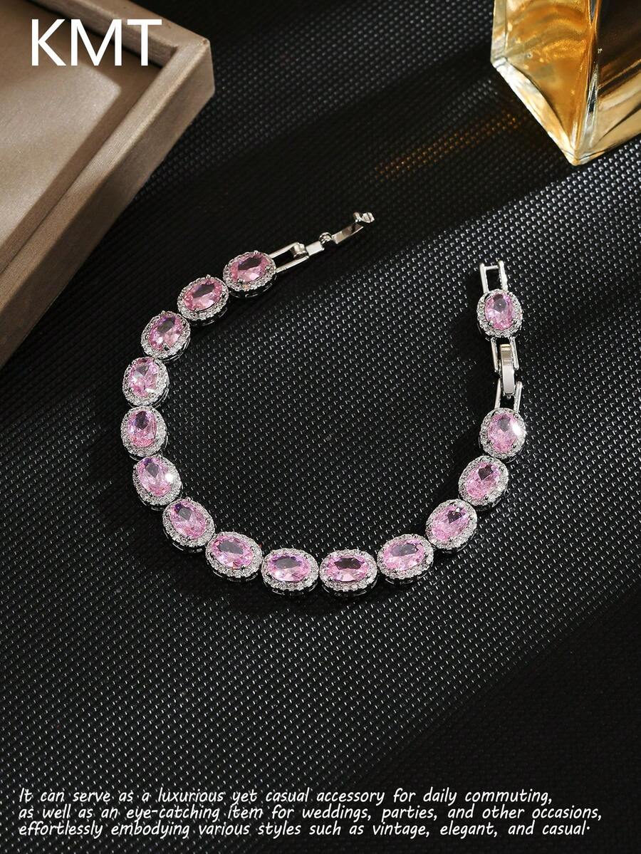 KMT 1 pièce Bracelet ovale incrusté de cubic zirconia cubique en cuivre, design luxueux et raffiné, convient pour le port lors de banquets, de fêtes et d'autres occasions nécessitant des points forts - Style ovale - Voir 1