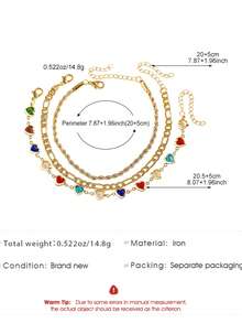 Set Gelang Kaki Rhinestone Kasual Modis 3 Buah, Perhiasan Serbaguna Musim Panas yang Dipersonalisasi untuk Wanita, Gelang Kaki Rantai untuk Liburan Pantai, Aksesoris Wanita, Hadiah untuk Teman atau Keluarga - Yellow Gold - View 8