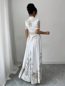 Vestido de Manga Corta con Estampado Floral y Cintura Ajustada al estilo Bohemio - amarillo ganso - Ver 3
