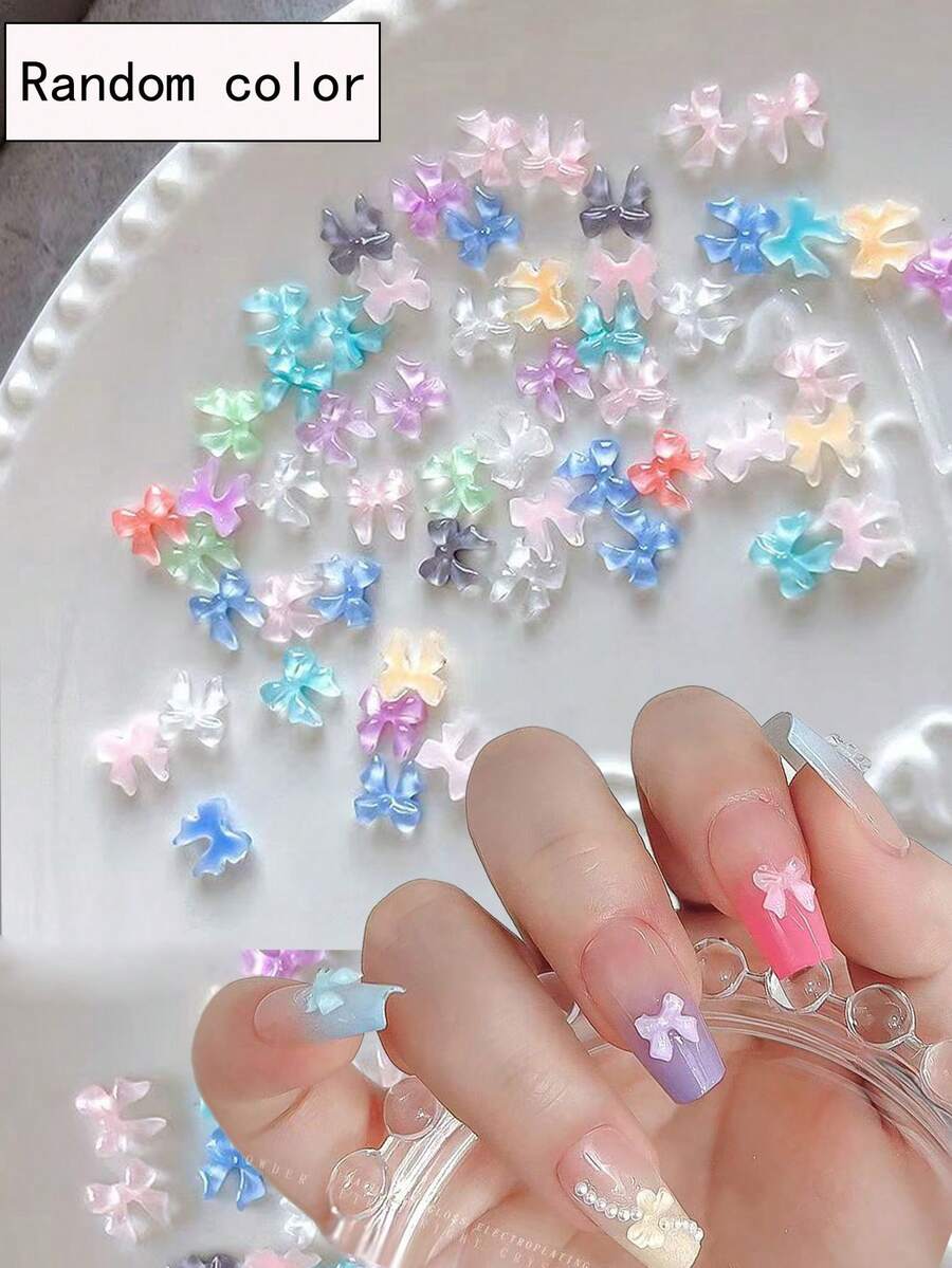 50件裝混色冰透小尺寸緞帶蝴蝶結美甲裝飾,可愛3D樹脂彩色水鑽美甲配件,夏季美甲飾品 - 彩色 - 查看 1