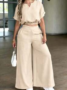 Conjunto de 2 piezas de top con escote entallado y pantalones de pierna ancha, casual y elegante para uso diario y vacaciones, primavera/verano - Albaricoque - Ver 1