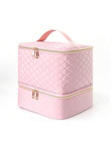 Double Layer Cosmetic Storage Box With Removable Nail Polish Organizer Insert, Large Capacity Makeup Storage Bag, Suitable For Travel, Vanity, Salon And Home Use - Pink - View 4