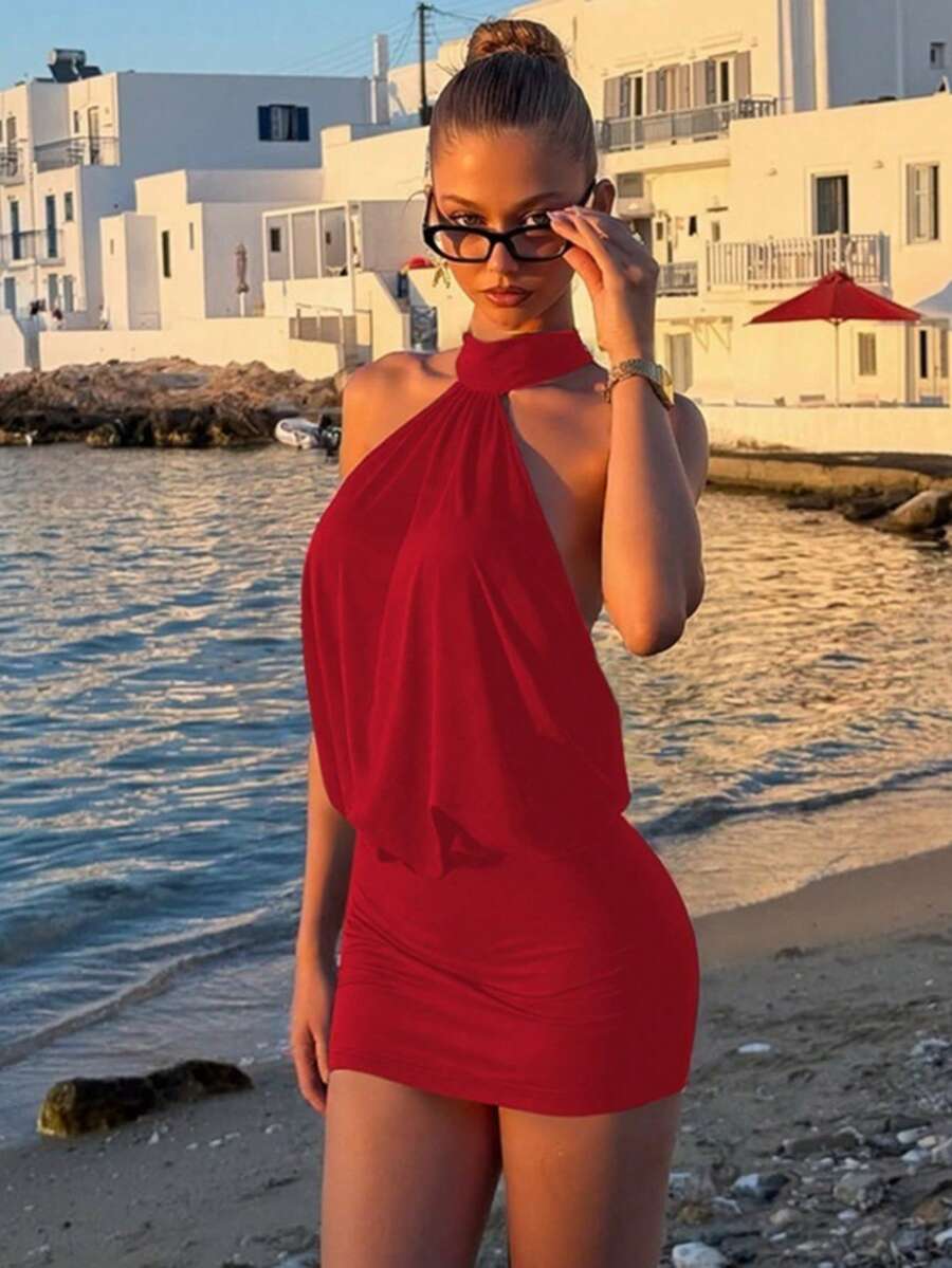 Vestido Halter Sin Mangas con Cordones Nuevo - Rojo - Ver 1