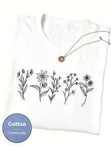 Women Floral Print Crew Neck Loose Casual T-Shirt, Short Sleeve Cheap Clothes Camiseta 100 Percent Cotton Clothing Women - 白色 - 查看 11