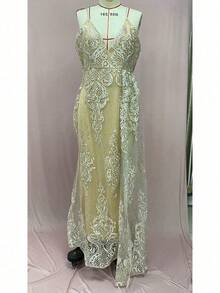 Elegant And Sexy Summer New European And American Women's Clothing Sexy Suspender Dress Sleeveless V-Neck Split Lace Hollow, Long Dress - 金色 - 查看 4