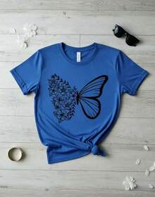 Women's Casual Style T-Shirt, Fashionable Butterfly And Floral Print, Soft Fabric, Loose Fit, Round Neck, Short Sleeves, Perfect For Spring And Summer Everyday Wear. Butterfly, Floral, Chic T-Shirt - 藍色 - 查看 3