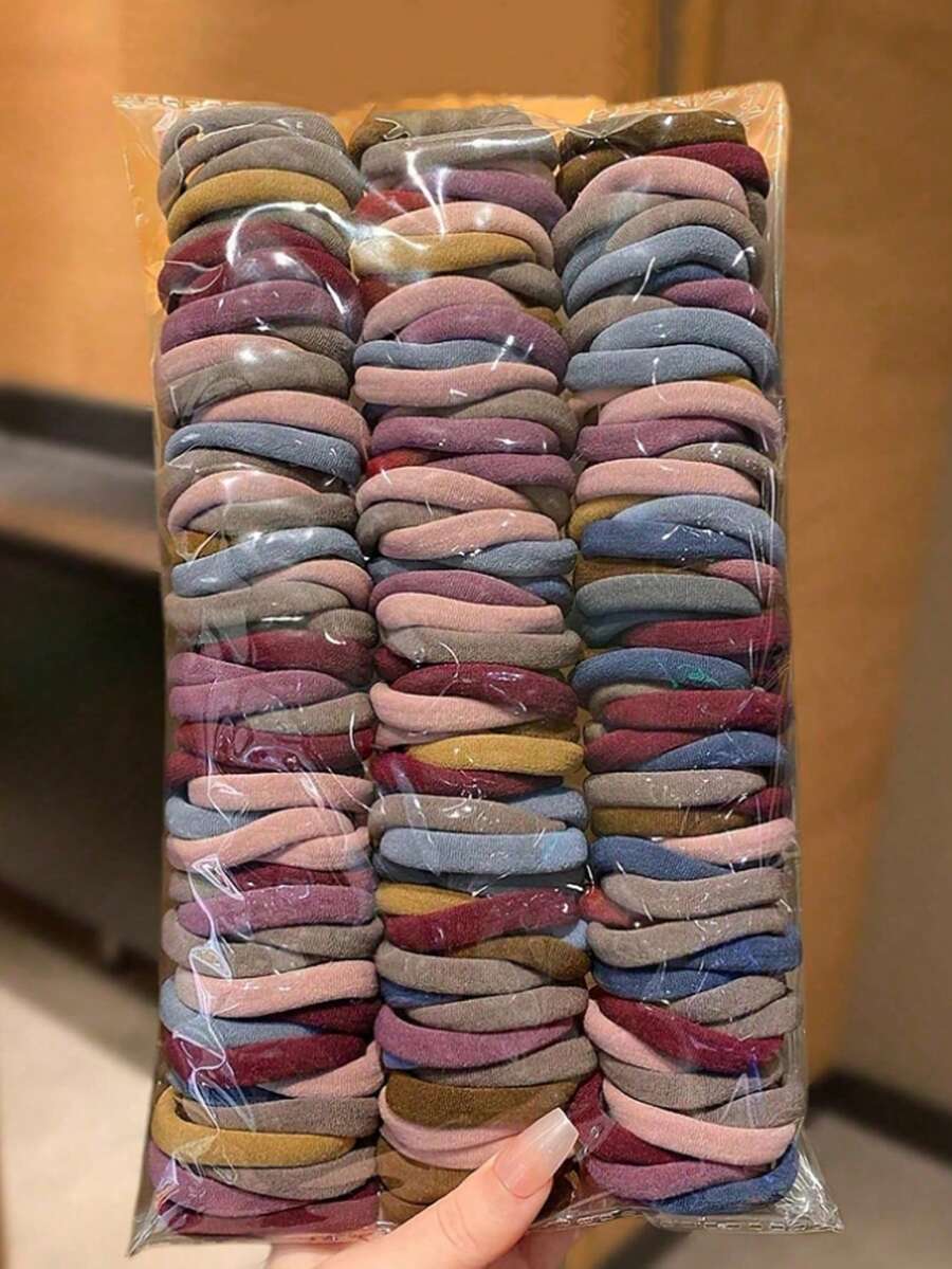 100入/50入/1組 女款簡約高彈力不傷髮莫蘭迪色系髮圈,黑色、藍色、紅色、卡其色,美妝髮飾,隨機配色 - 彩色 - 查看 1