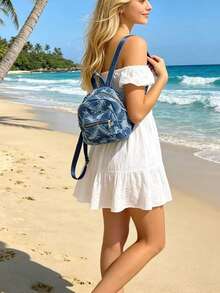 Mochila clásica versátil y sencilla de tela vaquera de moda para mujer, estilo callejero para viajes y multiusos - Negro - Ver 6