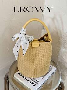 Women's Handbag Bucket Bag Fashion Versatile Elegant Solid Color Striped Yellow Bag With Scarf Suitable For Shopping And Commuting Includes Small Pouch - Yellow - View 2