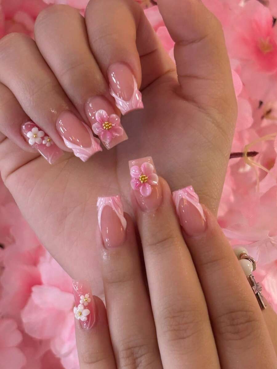 24pcs Ujung Kuku Gel 3D Bentuk Peti Mati Panjang dengan Dekorasi Mutiara, Desain Kuku French Manicure, Set Kuku Palsu Panjang, Kuku Tempel untuk Wanita, Alat Manicure DIY Profesional - MultiWarna - View 1