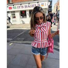 ZAHM Red And White Striped Bow Collar Sleeveless Ruffle Top Summer - Red - View 5