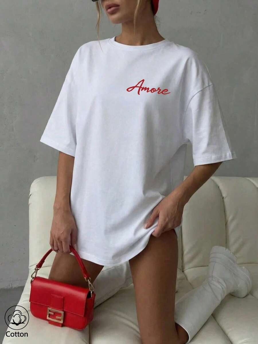 "Love" Printed Cotton T-Shirt, Loose And Comfortable Design, Minimalist Style, Unisex Basic Top For Holidays, Sports, Parties And Everyday Use. - 白色 - 查看 1