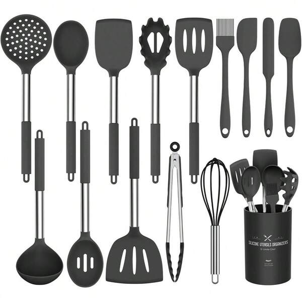 Silicone Kitchen Utensil Set, Silicone Cooking Spoon And Spatula Set, Silicone Cookware Set, Non-Stick High Heat Resistant Cooking Tool Set, Home Use Stir-Fry, Soup Ladle, Salad Mixer, Pasta Spoon Kitchen Gadgets