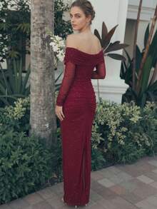 D&M Women's Sexy Ruched Off-Shoulder Fitted Long Sleeve Party Dress Wedding - Burgundy - View 6