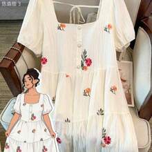 yonghongmaoyi1  LUNE CURVE Vestido de mujer talla grande de caliente con cuello cuadrado, elegante y fresco con estampado de cuadros y cerezas, - Albaricoque - Ver 1