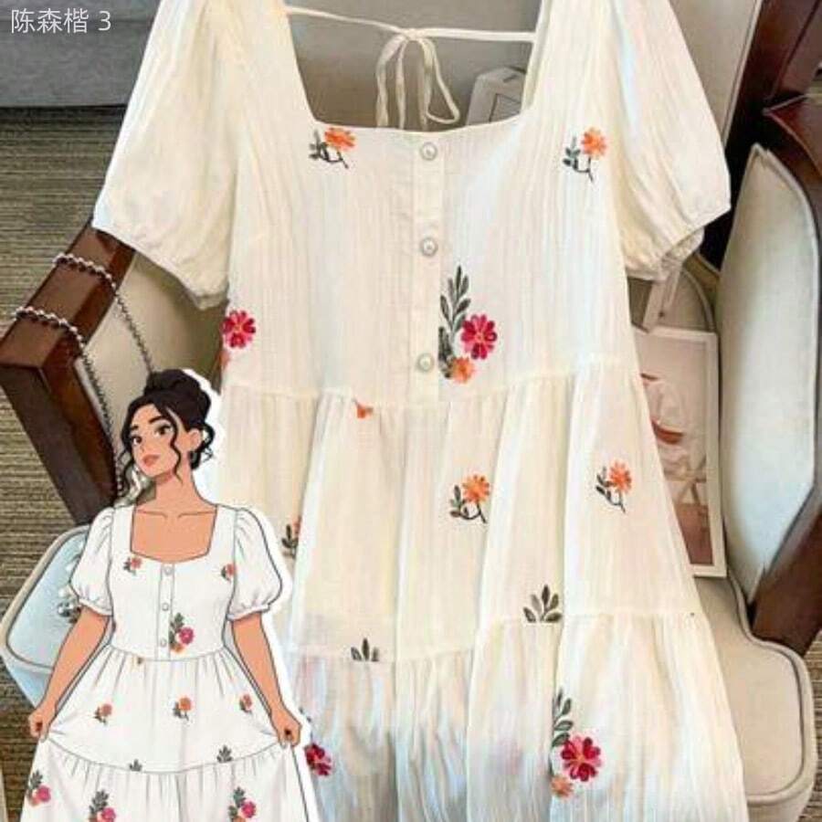 yonghongmaoyi1  LUNE CURVE Vestido de mujer talla grande de caliente con cuello cuadrado, elegante y fresco con estampado de cuadros y cerezas, - Albaricoque - Ver 1