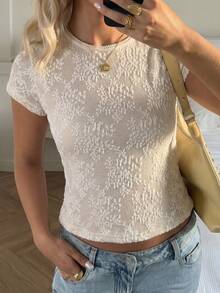 Women's Summer Round Neck Lace Short Sleeve Crop Top, Slim Fit Y2K Style Summer Blouse - Apricot - View 1