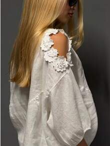 Elegant Casual Bohemian Style Loose White Women's Round Neck Blouse With Exquisite Applique, Suitable For Outings, Spring, Summer, Autumn - White - View 3