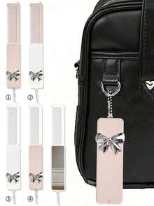 Foldable Comb And Makeup Mirror With Y2K Style Silver 3D Bow Decoration, Cute Bow Portable Comb With Mirror Keychain, Can Be Used As Keychain, Pendant, Hand Mirror, Desktop Mirror, Fashionable And Practical Travel Beauty Tool - Multicolor - View 6