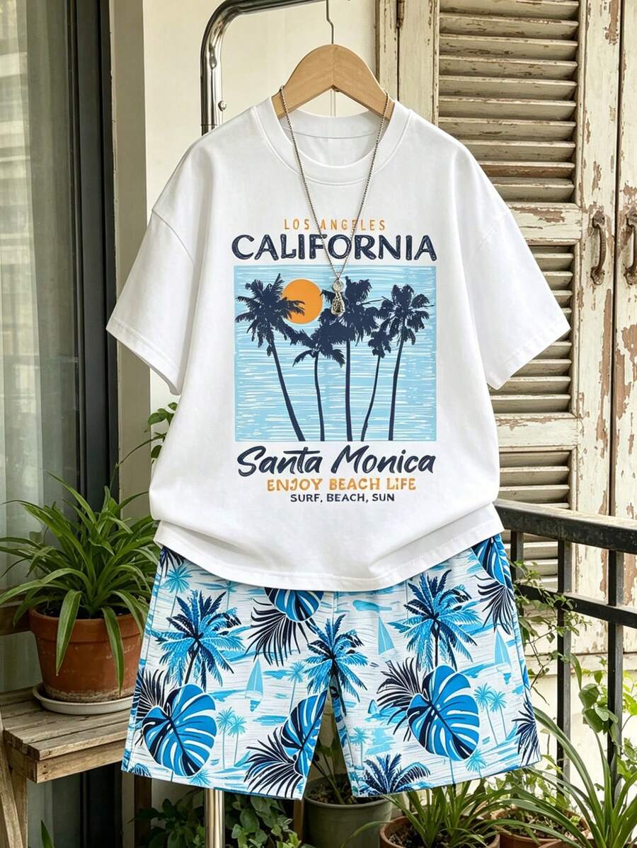 2pcs/Set Boys' Casual Vacation Style Palm Tree & Sunset California Santa Monica Letter Print Round Neck Short Sleeve T-Shirt And Tropical Plant All-Over Print Shorts Set, Comfortable Loose Fit, Spring/Summer - Blue - View 1