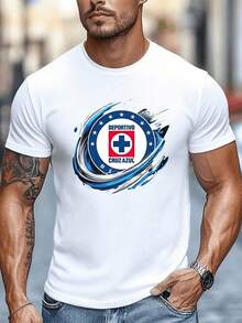 Símbolo circular con cruz roja centrada rodeada de estrellas blancas sobre fondo azul representando el espíritu deportivo y la pasión por el fútbol con trazos dinámicos que transmiten energí - Negro - Ver 1