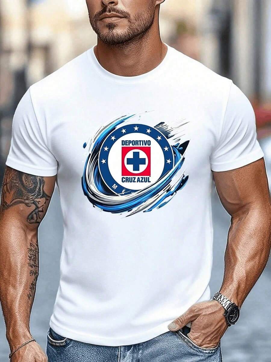 Símbolo circular con cruz roja centrada rodeada de estrellas blancas sobre fondo azul representando el espíritu deportivo y la pasión por el fútbol con trazos dinámicos que transmiten energí - Negro - Ver 1