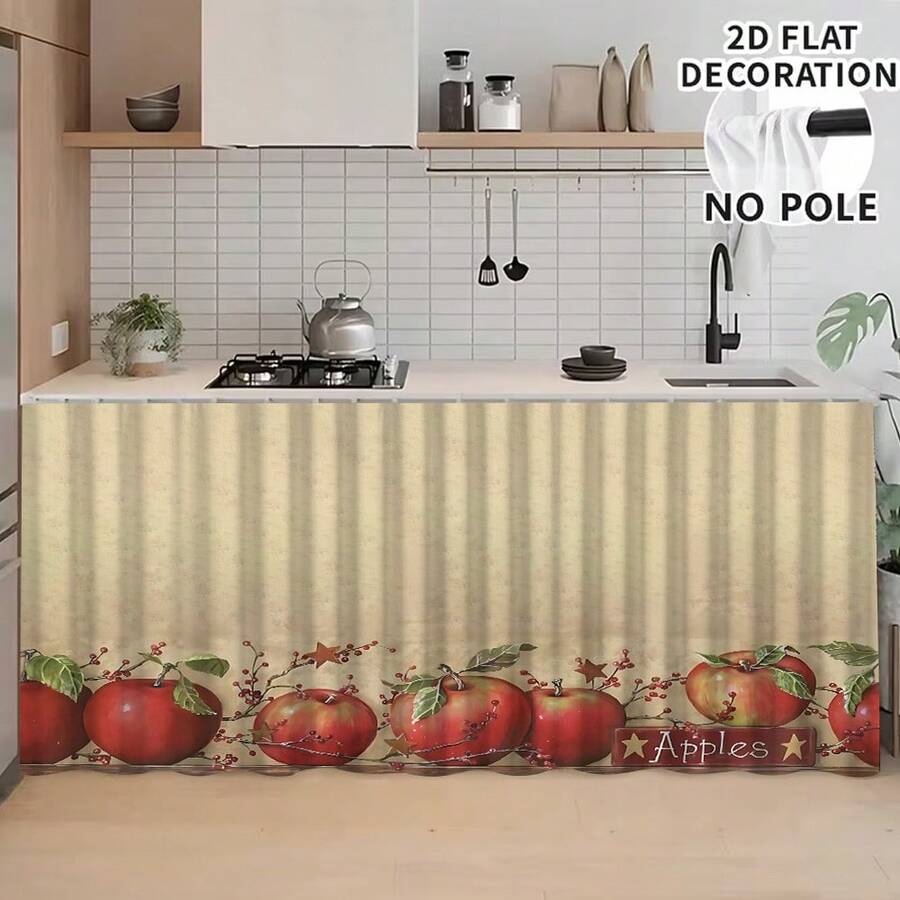 1pc, Home Decor, Red Apple Theme Pattern Printed Table Skirt, Kitchen Small Curtain, Kitchen Cabinet Cover, With Curtain Holes, Easy To Hang, Rectangular, Machine Woven, Machine Washable, Kitchen Decoration And Accessories, Perfect For Kitchen Cabinets And Home Decor - Multicolor - View 1